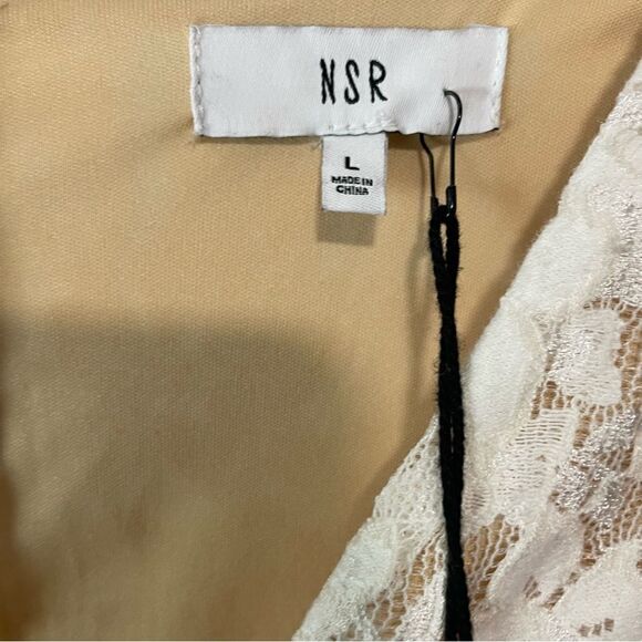 Revolve NSR Puff Sleeve Nude Tan White Cream Floral Lace Dress - Picture 8 of 10